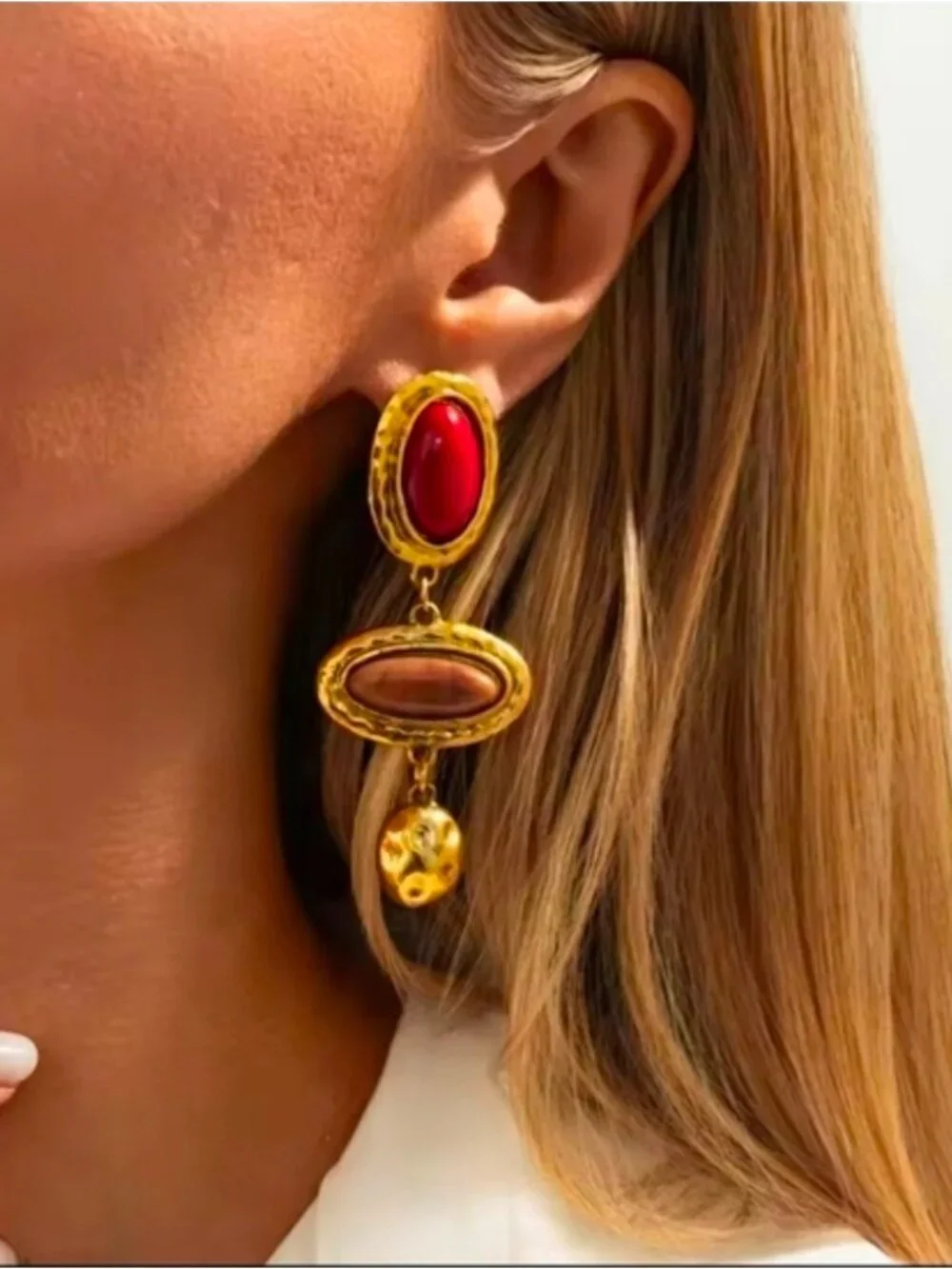 Gold Drop Earrings with Red and Brown Stones